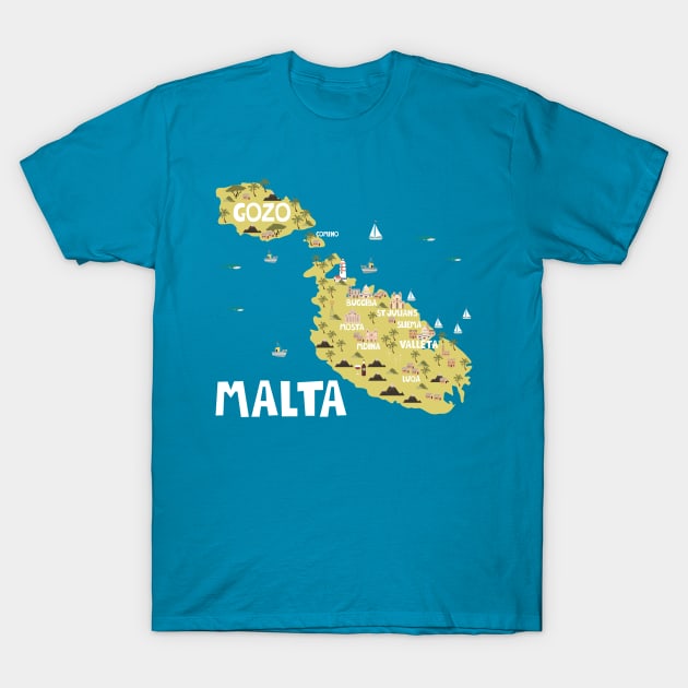 Malta Illustrated Map T-Shirt by JunkyDotCom